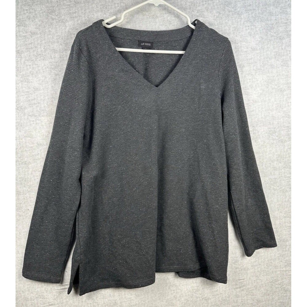 J. Jill Pullover Sweater Medium Gray V Neck Long Sleeve Soft Cotton Blend